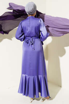 Kolu Taşlı Bağlamalı Saten Abiye Elbise Lila - Tesettür Elbise