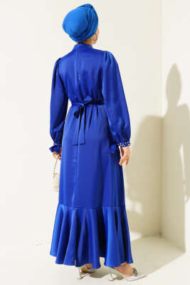 Kolu Taşlı Bağlamalı Saten Abiye Elbise Saks - Tesettür Elbise