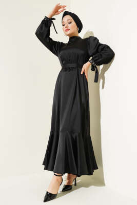 Kolu Taşlı Bağlamalı Saten Abiye Elbise Siyah 
