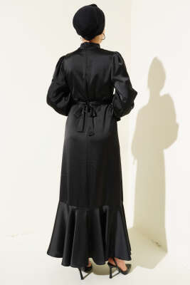 Kolu Taşlı Bağlamalı Saten Abiye Elbise Siyah - Tesettür Elbise