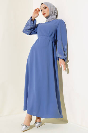 Kolu Taşlı Kuşaklı Elbise İndigo - Tesettür Elbise