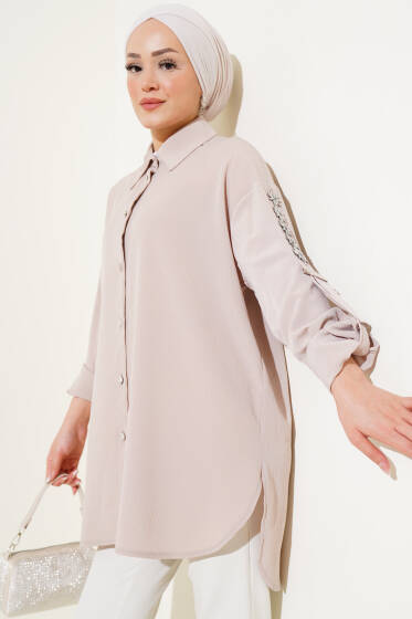 Kolu Taşlı Salaş Gömlek Bej - Gömlek