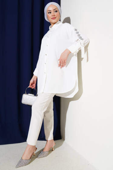 Kolu Taşlı Salaş Gömlek Beyaz - Gömlek