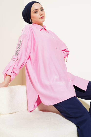 Kolu Taşlı Salaş Gömlek Pembe - Gömlek