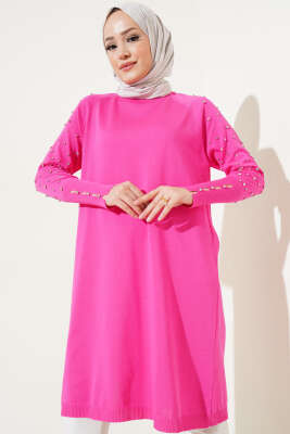 	 Kolu Taşlı Uzun Triko Tunik Fuşya 