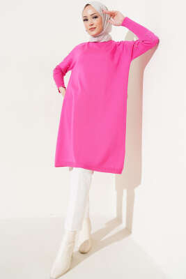 	 Kolu Taşlı Uzun Triko Tunik Fuşya - Triko Tunik
