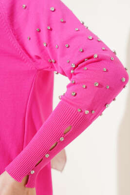 	 Kolu Taşlı Uzun Triko Tunik Fuşya - Triko Tunik