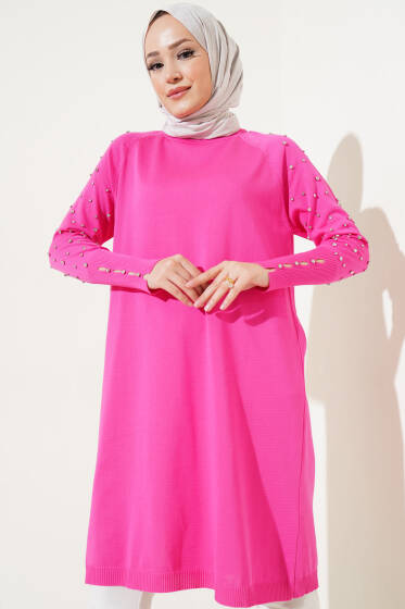 	 Kolu Taşlı Uzun Triko Tunik Fuşya - Tunik