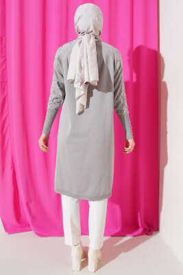 	 Kolu Taşlı Uzun Triko Tunik Gri - Triko Tunik