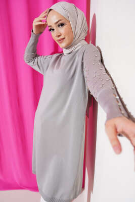 	 Kolu Taşlı Uzun Triko Tunik Gri 