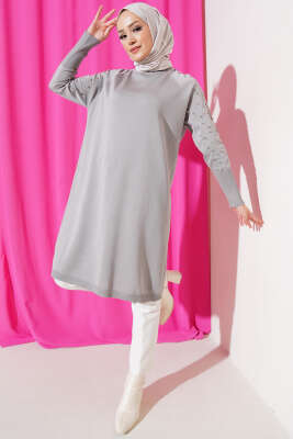	 Kolu Taşlı Uzun Triko Tunik Gri - Triko Tunik