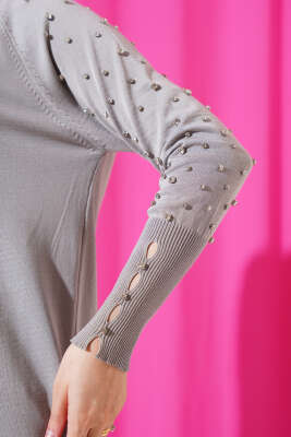 	 Kolu Taşlı Uzun Triko Tunik Gri - Triko Tunik