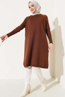 Kolu Taşlı Uzun Triko Tunik Kahve - Triko Tunik