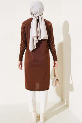 Kolu Taşlı Uzun Triko Tunik Kahve - Triko Tunik