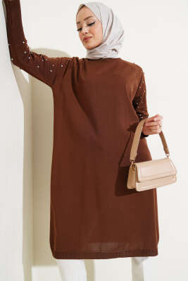Kolu Taşlı Uzun Triko Tunik Kahve 