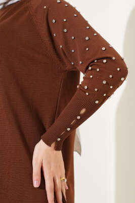 Kolu Taşlı Uzun Triko Tunik Kahve - Triko Tunik