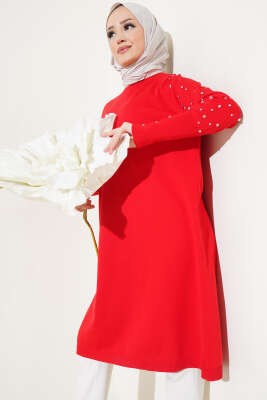 	 Kolu Taşlı Uzun Triko Tunik Kırmızı 