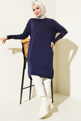 Kolu Taşlı Uzun Triko Tunik Lacivert - Triko Tunik