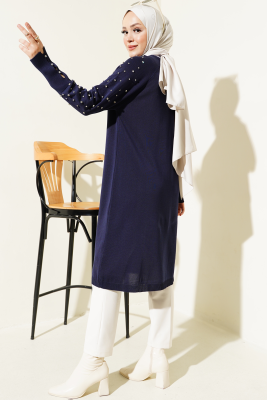 Kolu Taşlı Uzun Triko Tunik Lacivert - Triko Tunik