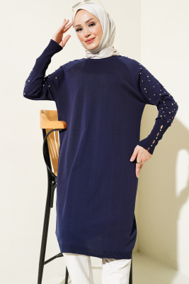 Kolu Taşlı Uzun Triko Tunik Lacivert - Triko Tunik
