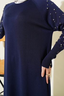 Kolu Taşlı Uzun Triko Tunik Lacivert - Triko Tunik