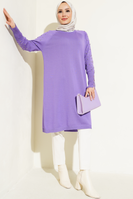 Kolu Taşlı Uzun Triko Tunik Lila - Triko Tunik