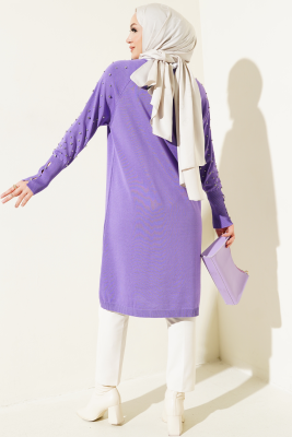 Kolu Taşlı Uzun Triko Tunik Lila - Triko Tunik