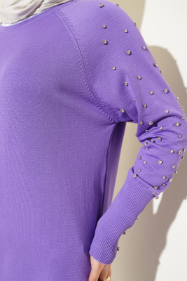 Kolu Taşlı Uzun Triko Tunik Lila - Triko Tunik