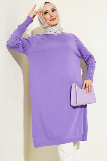 Kolu Taşlı Uzun Triko Tunik Lila - Tunik