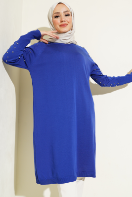 Kolu Taşlı Uzun Triko Tunik Saks 