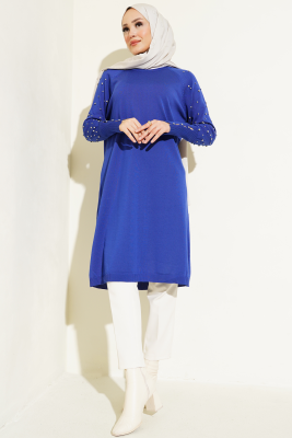 Kolu Taşlı Uzun Triko Tunik Saks - Triko Tunik