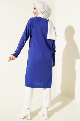 Kolu Taşlı Uzun Triko Tunik Saks - Triko Tunik