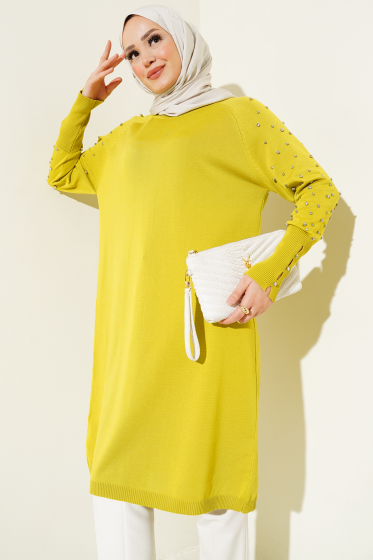 Kolu Taşlı Uzun Triko Tunik Yağ Yeşili - Tunik