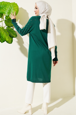 Kolu Taşlı Uzun Triko Tunik Zümrüt - Triko Tunik