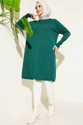 Kolu Taşlı Uzun Triko Tunik Zümrüt - Triko Tunik
