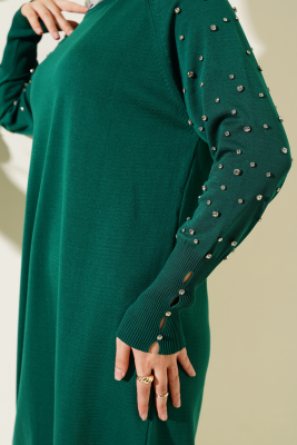Kolu Taşlı Uzun Triko Tunik Zümrüt - Triko Tunik