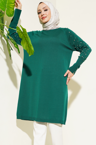 Kolu Taşlı Uzun Triko Tunik Zümrüt - Tunik