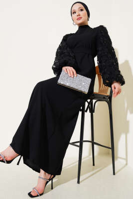 Kolu Tül Çiçekli Kuşaklı Elbise Siyah - Tesettür Elbise