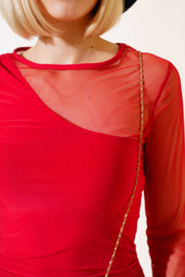 Kolu Tül Detaylı Mini Elbise Kırmızı - Kadın Giyim Modelleri