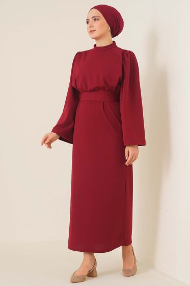 Kolu Volanlı Elbise Bordo - Tesettür Elbise