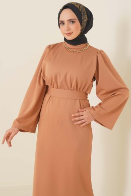 Kolu Volanlı Elbise Camel - Tesettür Elbise