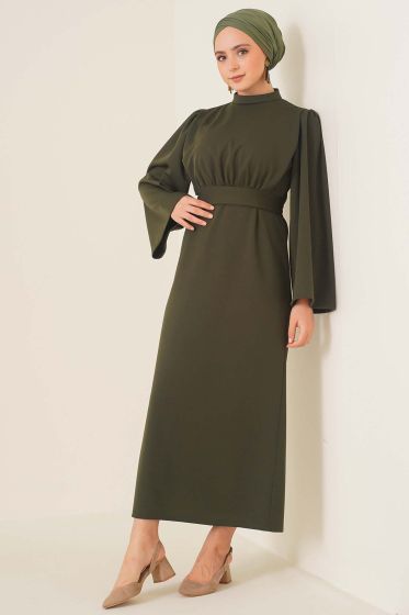 Kolu Volanlı Elbise Haki - Tesettür Elbise