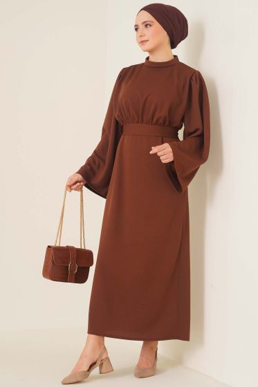 Kolu Volanlı Elbise Kahve - Tesettür Elbise