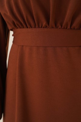 Kolu Volanlı Elbise Kahve - Tesettür Elbise