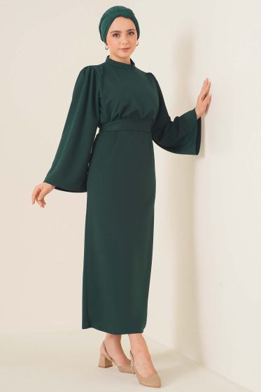 Kolu Volanlı Elbise Zümrüt Yeşili - Tesettür Elbise