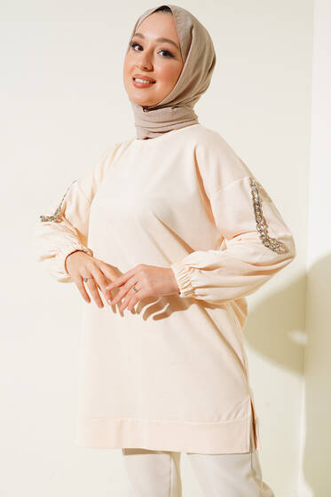Kolu Zincir Detaylı Tunik Bej - Tunik