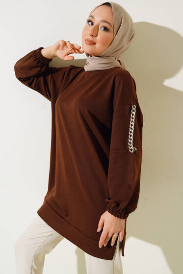 Kolu Zincir Detaylı Tunik Kahve - Tunik