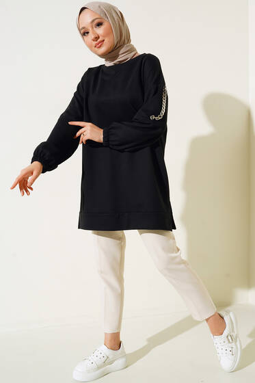 Kolu Zincir Detaylı Tunik Siyah - Tunik