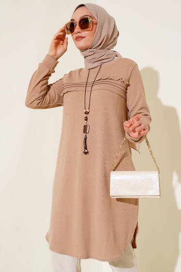 Kolyeli Taşlı Tunik Bej - Tunik