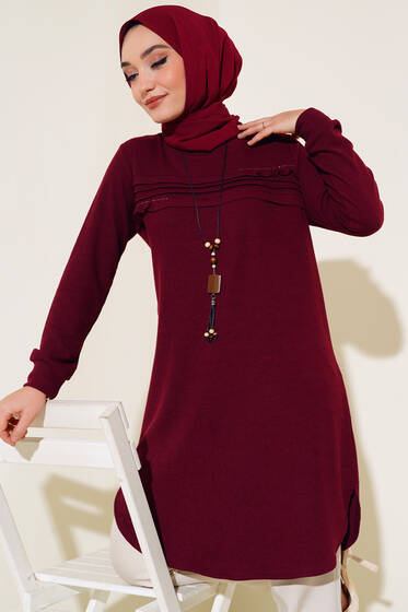 Kolyeli Taşlı Tunik Bordo - Tunik